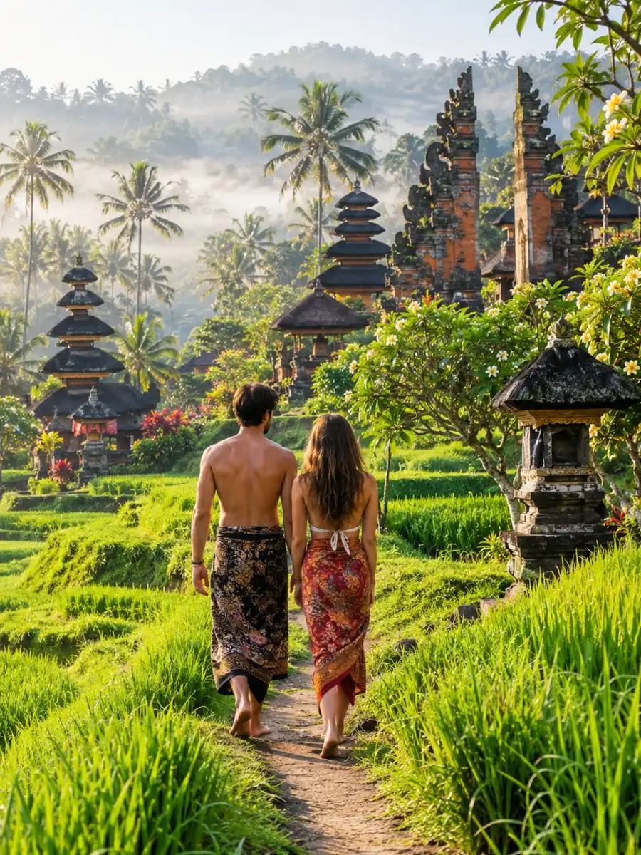 A couple in sarongs walking between rice terraces near Ubud, palm trees and morning mist behind them